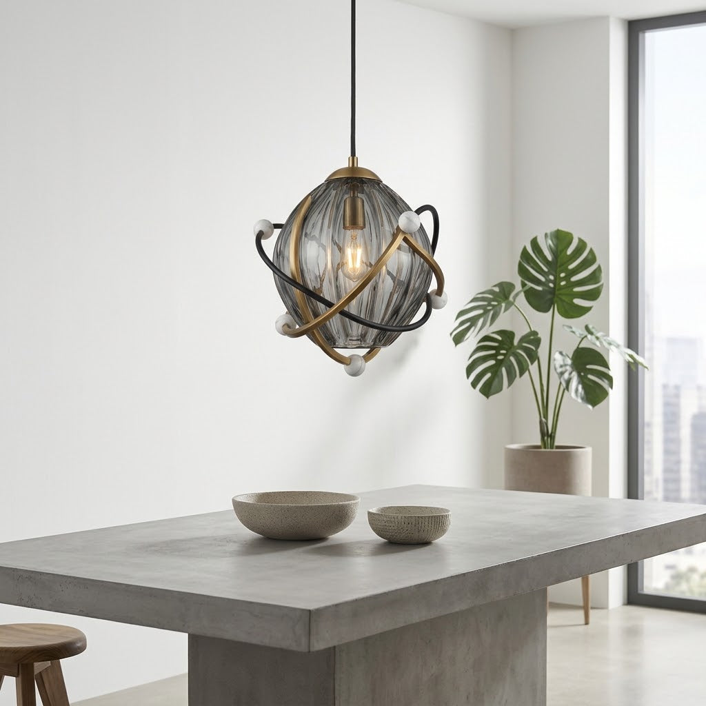 Celestial Orbit Hand-Blown Fluted Glass Pendant Light