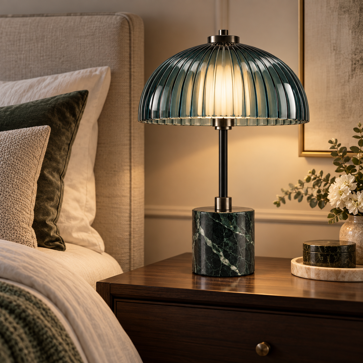 Emerald Ribbed Glass Table Lamp