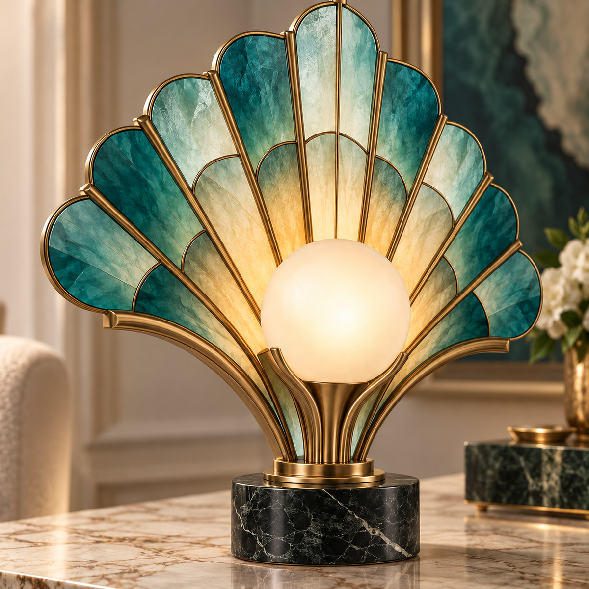 Emerald Fan Glass Table Lamp