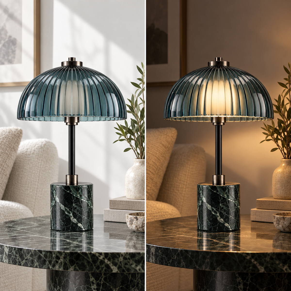 Emerald Ribbed Glass Table Lamp