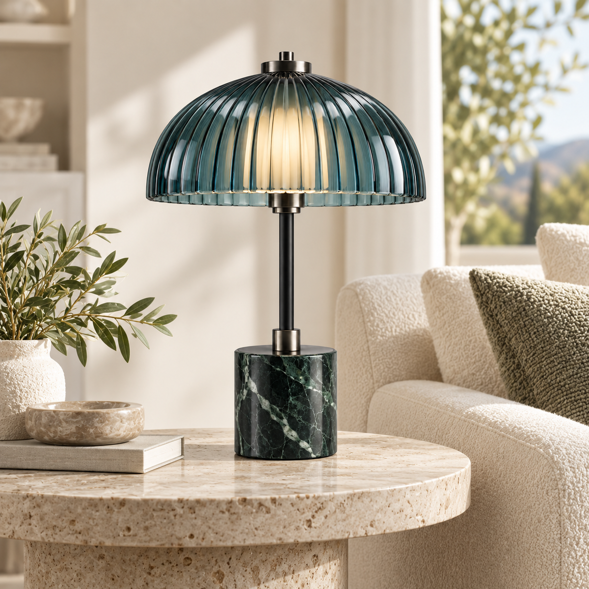Emerald Ribbed Glass Table Lamp